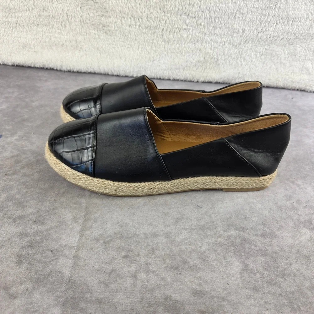 Qupid Womens Black Croc Embossed Cap Toe Slip On Espadrille Flats S2182